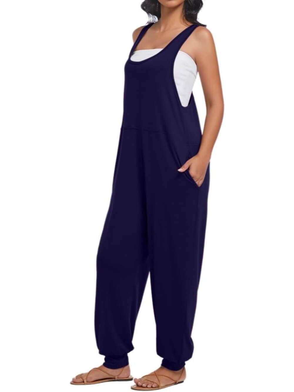 Women's Dark Blue Casual Loose Jumpsuits Harem Long Pants Sleeveless Romper - Picture 3 of 6